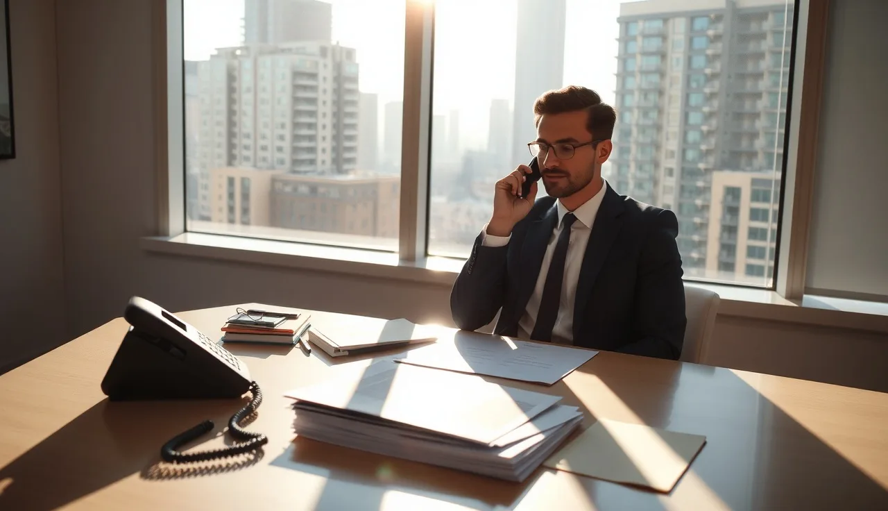 Business professional making an outbound telemarketing call at an office desk